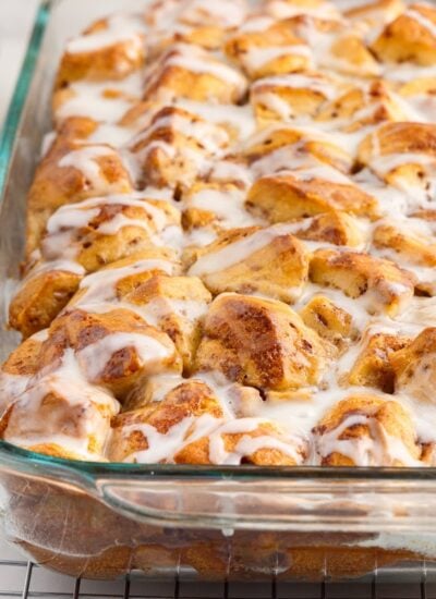 Front close up of a 9x13 of Breakfast Cinnamon Roll Casserole.
