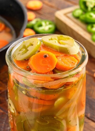 Close up of a jar of Pickled Jalape&ntilde;os and Carrots.